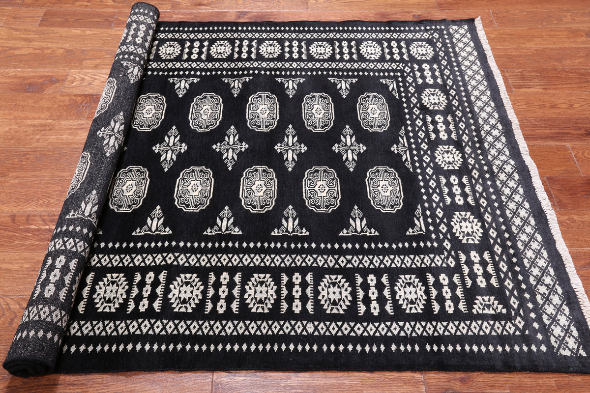 Black Bokhara Hand Knotted Wool Rug - 4' 7" X 6' 5"