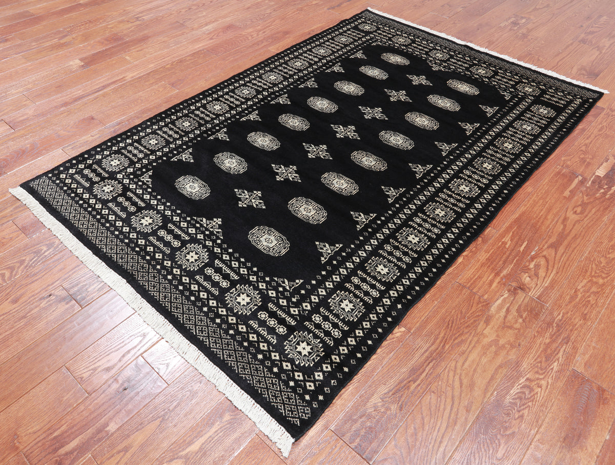 Black Bokhara Handmade Wool Rug - 4' 7" X 6' 11"