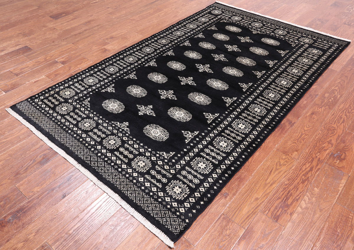 Black Bokhara Handmade Wool Rug - 4' 7" X 7' 7"