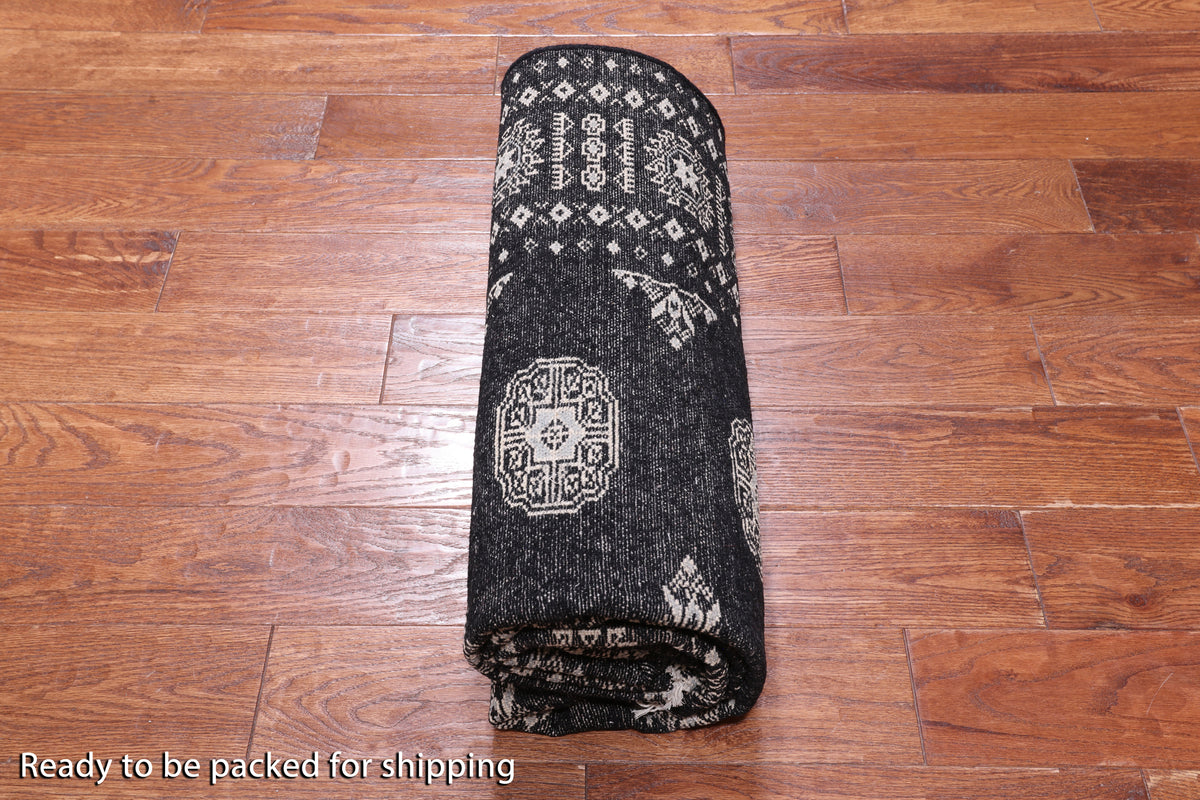 Black Bokhara Handmade Wool Rug - 4' 7" X 7' 7"