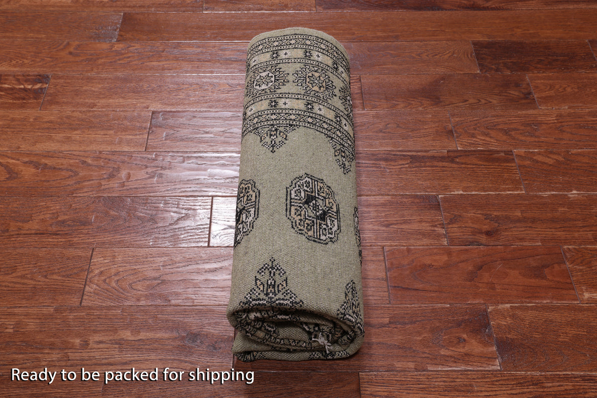 Green Bokhara Handmade Wool Rug - 4' 8" X 7' 2"
