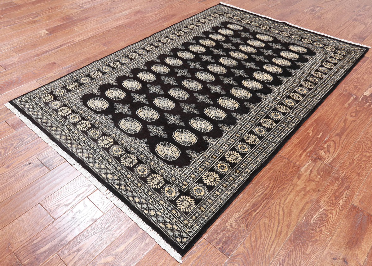 Black Bokhara Hand Knotted Wool Rug - 4' 8" X 6' 11"