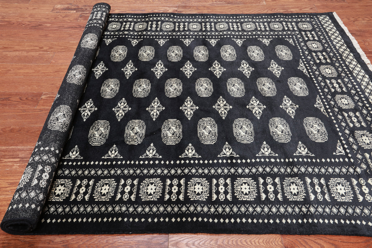 Black Bokhara Hand-Knotted Wool Rug - 5' 6" X 7' 10"