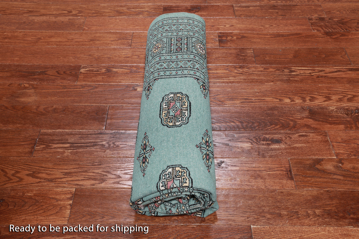 Green Bokhara Hand-Knotted Wool Rug - 5' 8" X 8' 1"