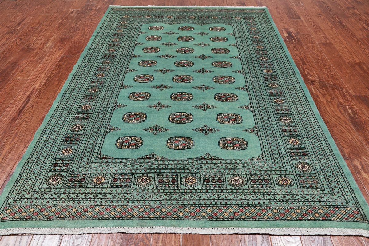 Green Bokhara Hand-Knotted Wool Rug - 5' 8" X 8' 1"