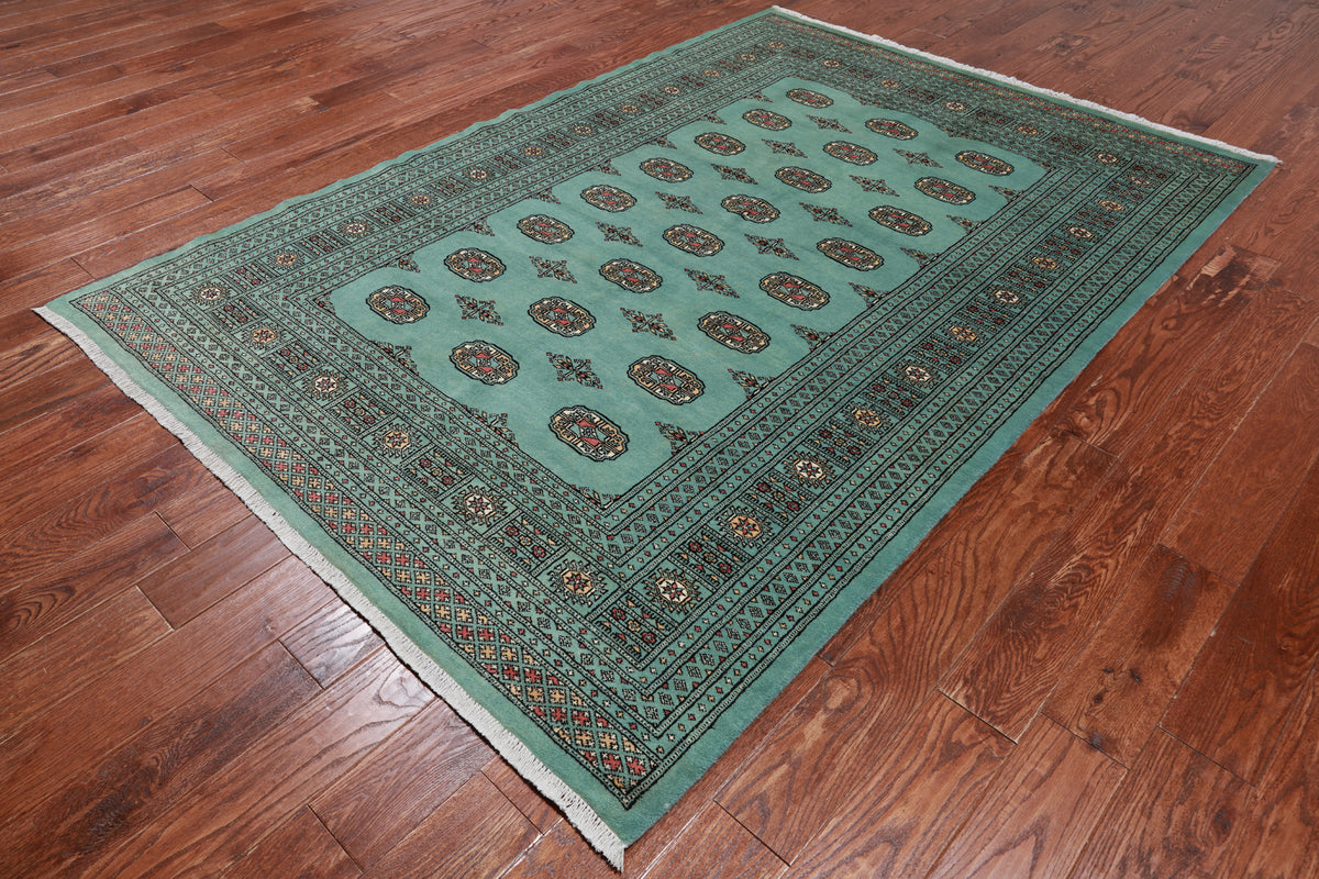 Green Bokhara Hand-Knotted Wool Rug - 5' 8" X 8' 1"