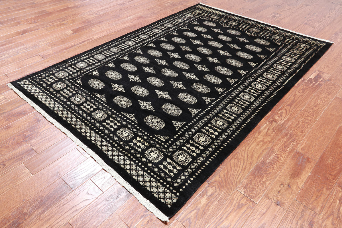 Black Bokhara Hand Knotted Wool Rug - 5' 8" X 8' 2"