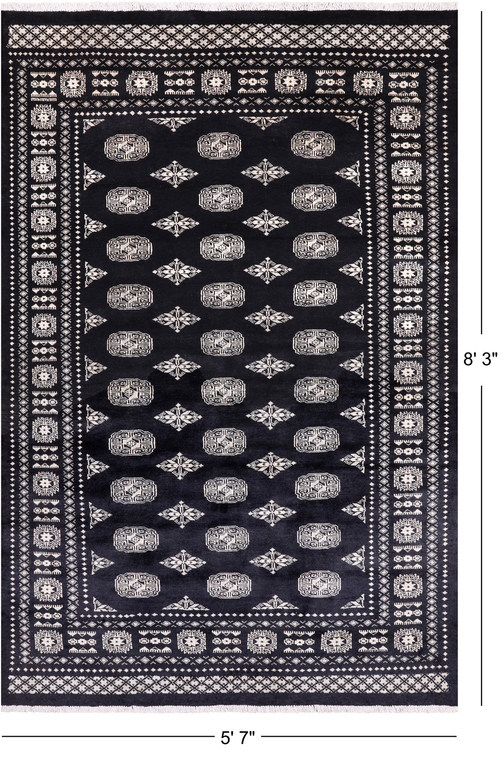 Black Bokhara Hand-Knotted Wool Rug - 5' 7" X 8' 3"