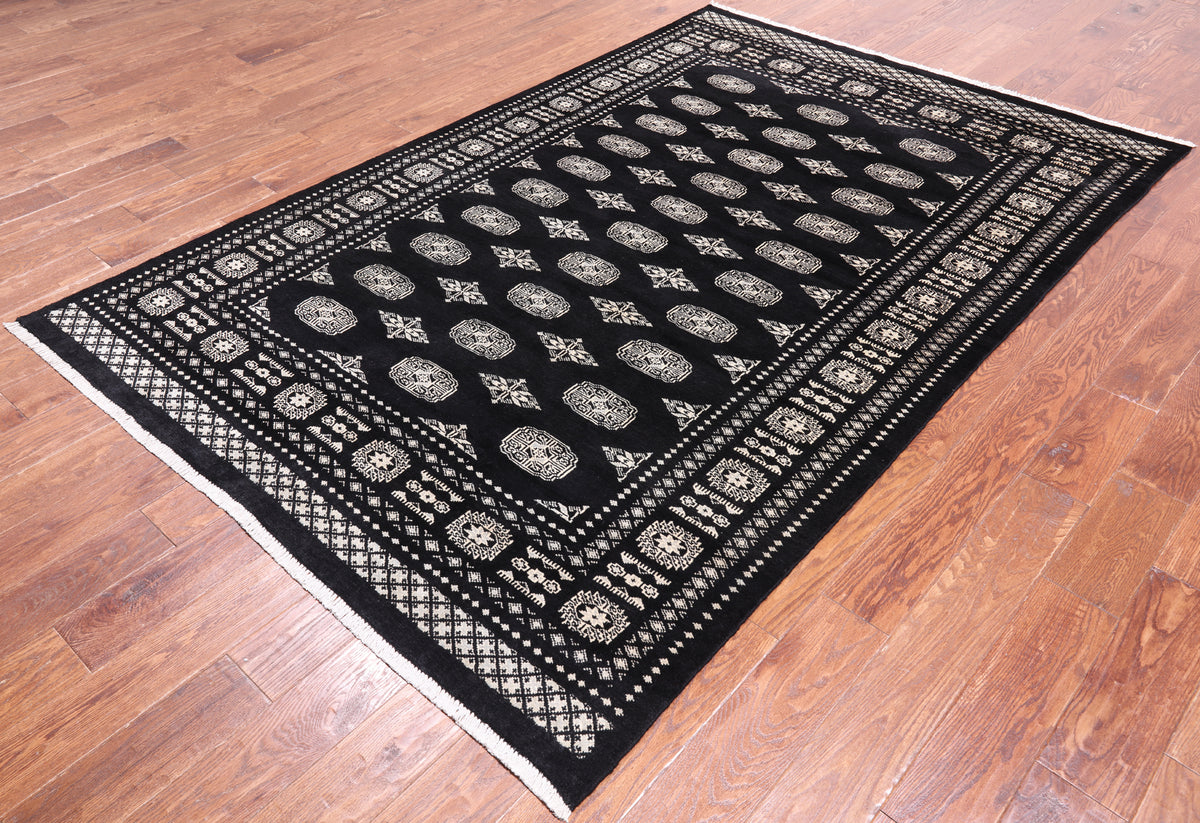 Black Bokhara Hand-Knotted Wool Rug - 5' 7" X 8' 3"
