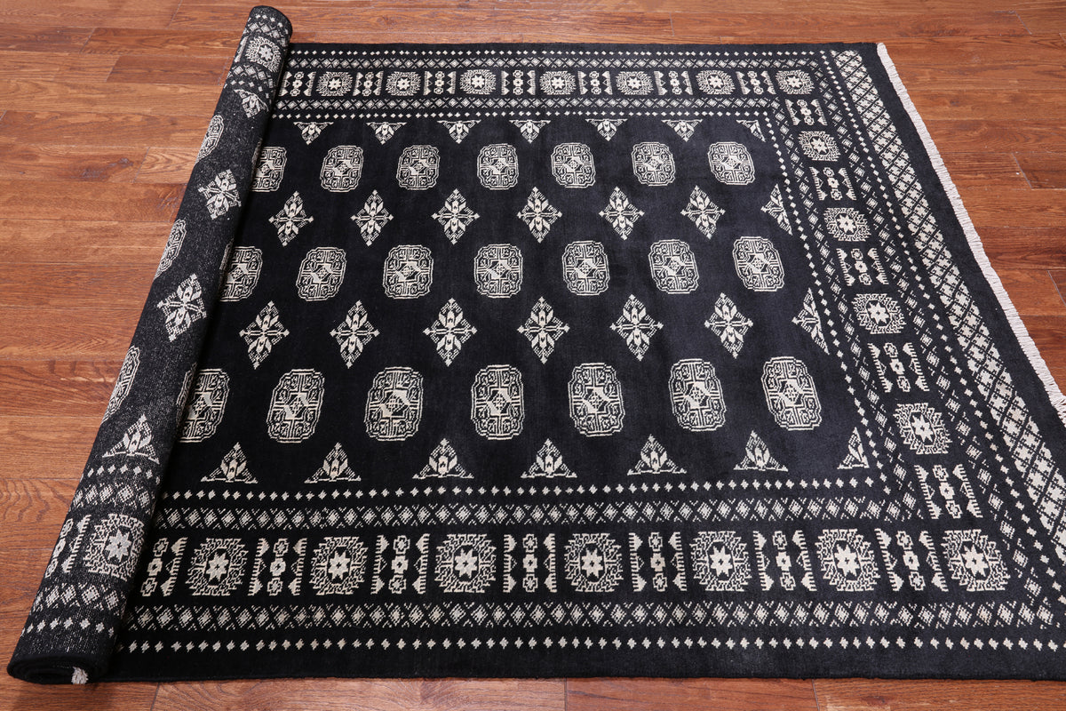 Black Bokhara Hand-Knotted Wool Rug - 5' 7" X 8' 3"