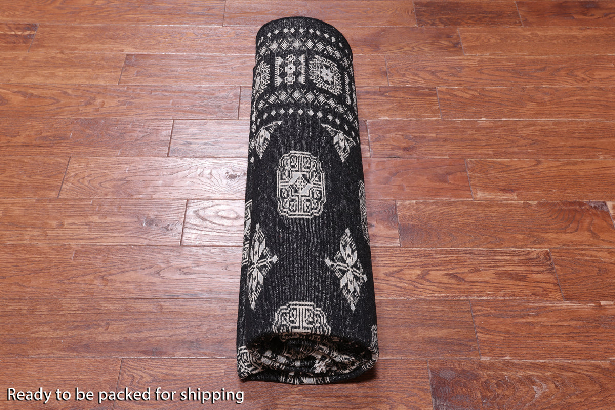 Black Bokhara Hand-Knotted Wool Rug - 5' 7" X 8' 3"