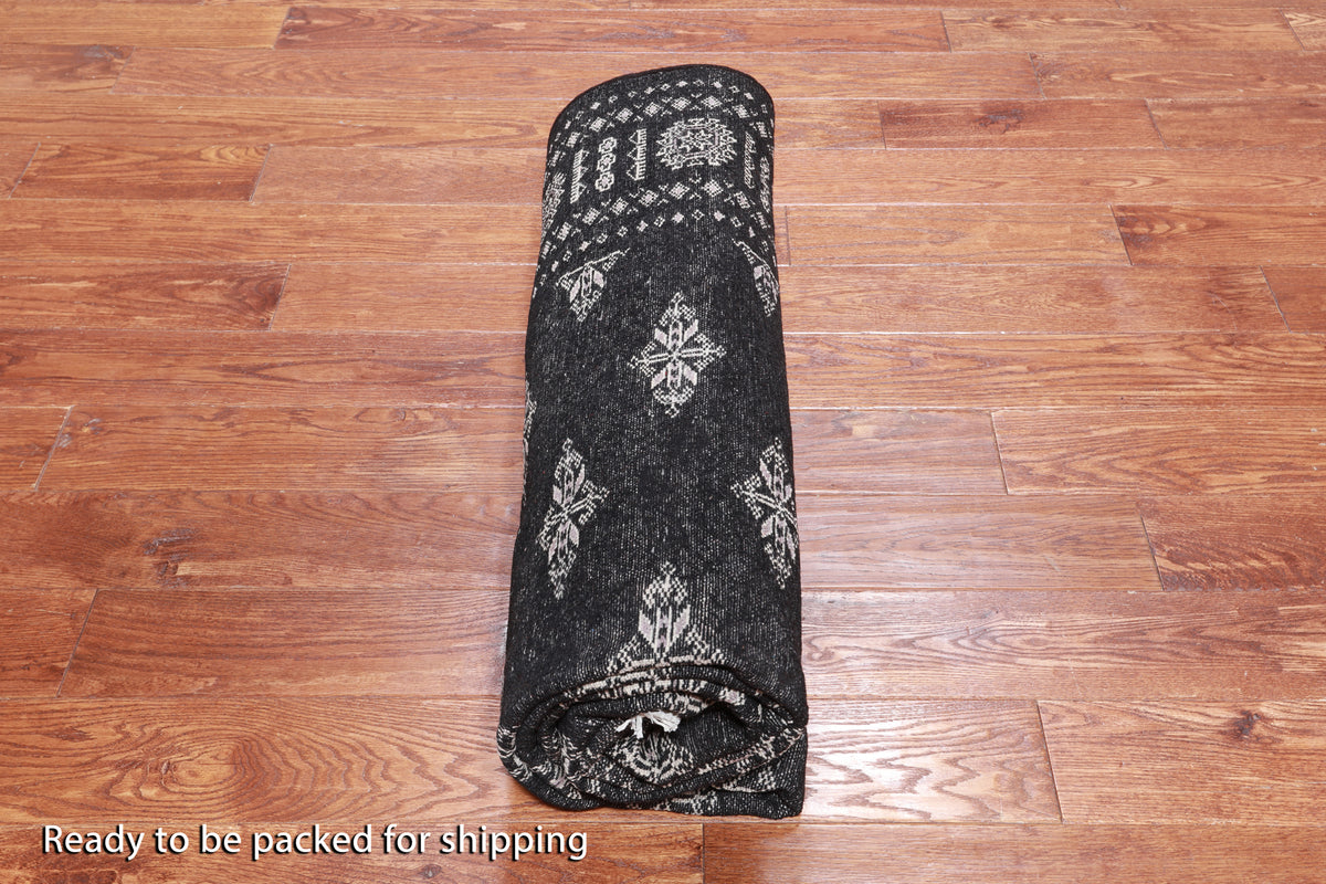 Black Bokhara Handmade Wool Rug - 5' 11" X 8' 10"