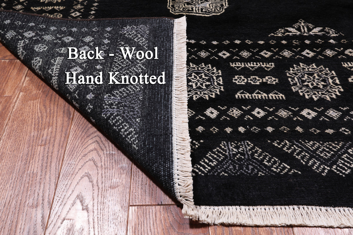 Black Bokhara Hand Knotted Wool Rug - 7' 0" X 9' 6"