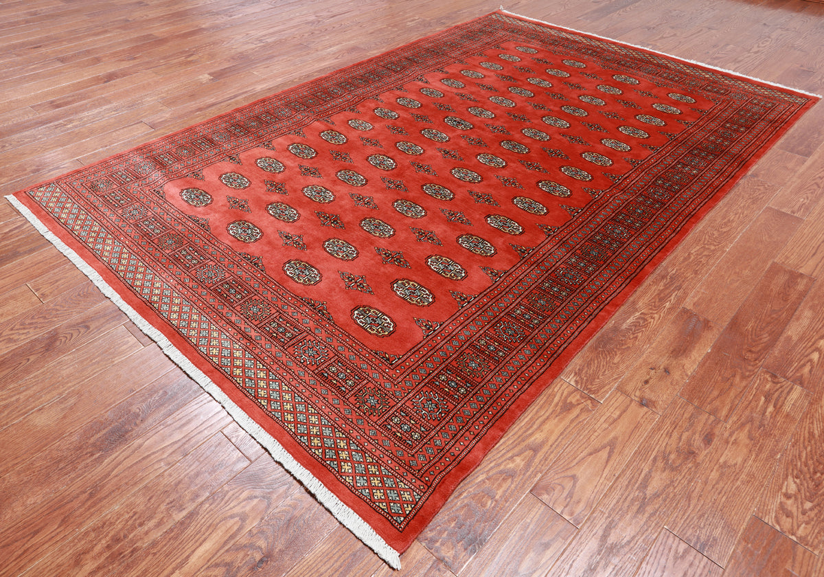 Orange Bokhara Hand Knotted Wool Rug - 6' 5" X 9' 11"