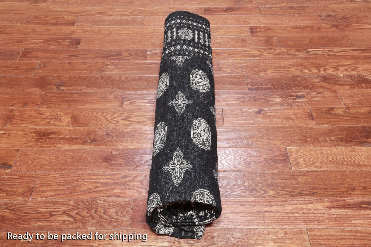Black Bokhara Handmade Wool Rug - 8' 1" X 9' 10"