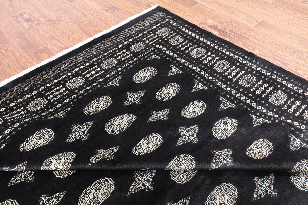 Black Bokhara Handmade Wool Rug - 8' 1" X 9' 10"