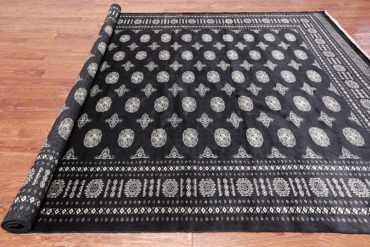 Black Bokhara Handmade Wool Rug - 8' 1" X 9' 10"