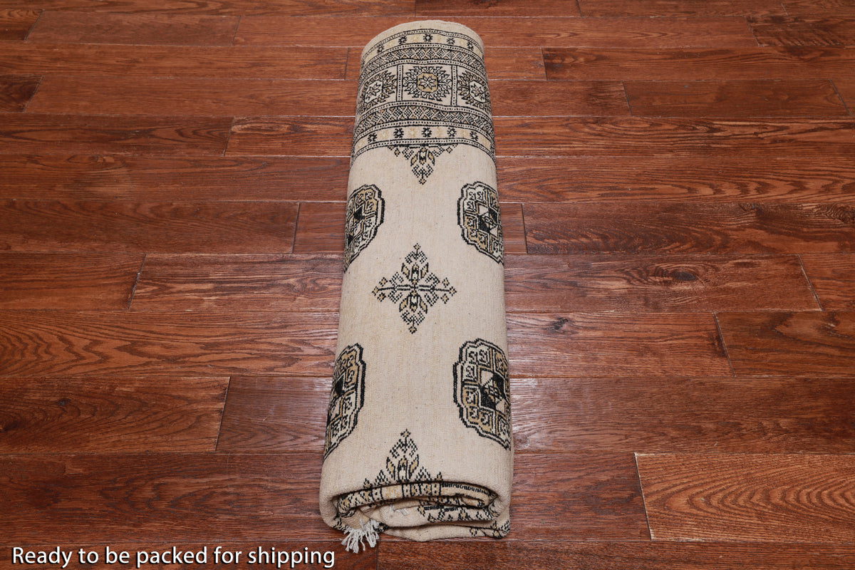 Beige Square Bokhara Handmade Wool Rug - 6' 7" X 6' 3"