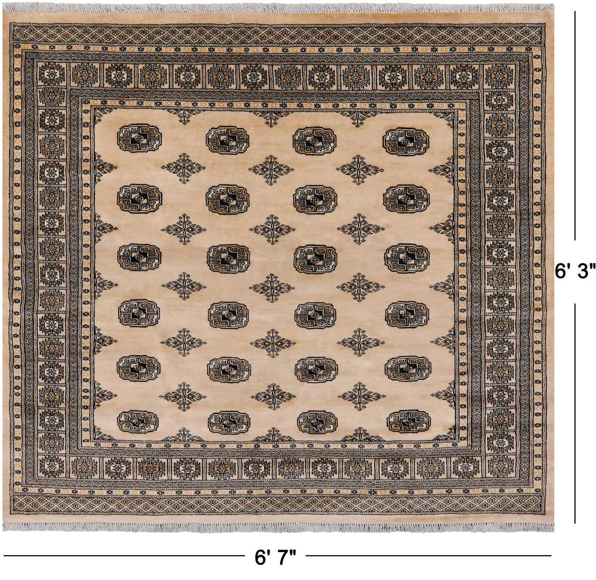 Beige Square Bokhara Handmade Wool Rug - 6' 7" X 6' 3"
