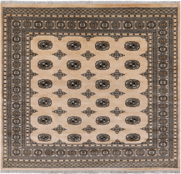 Beige Square Bokhara Handmade Wool Rug - 6' 7" X 6' 3"