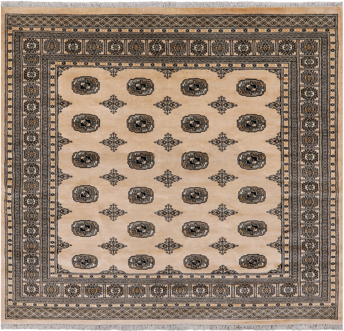 Beige Square Bokhara Handmade Wool Rug - 6' 7" X 6' 3"