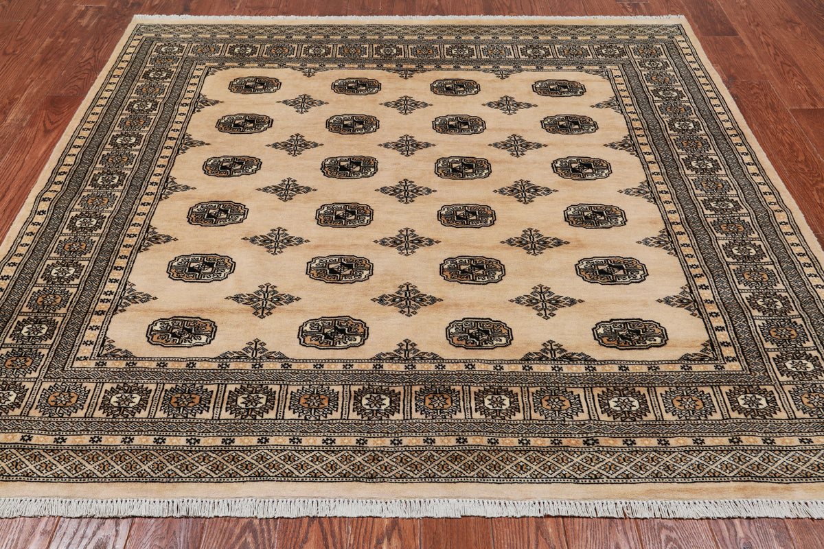 Beige Square Bokhara Handmade Wool Rug - 6' 7" X 6' 3"