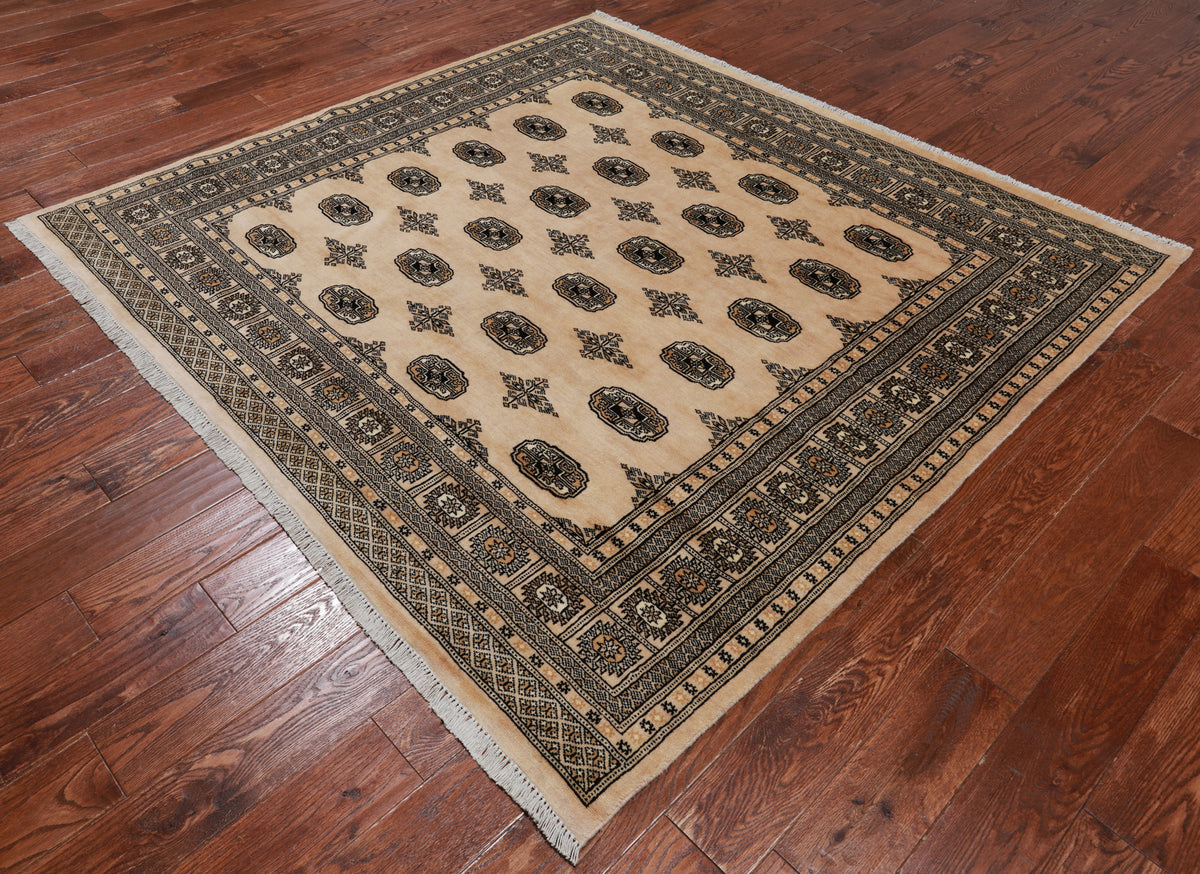 Beige Square Bokhara Handmade Wool Rug - 6' 7" X 6' 3"