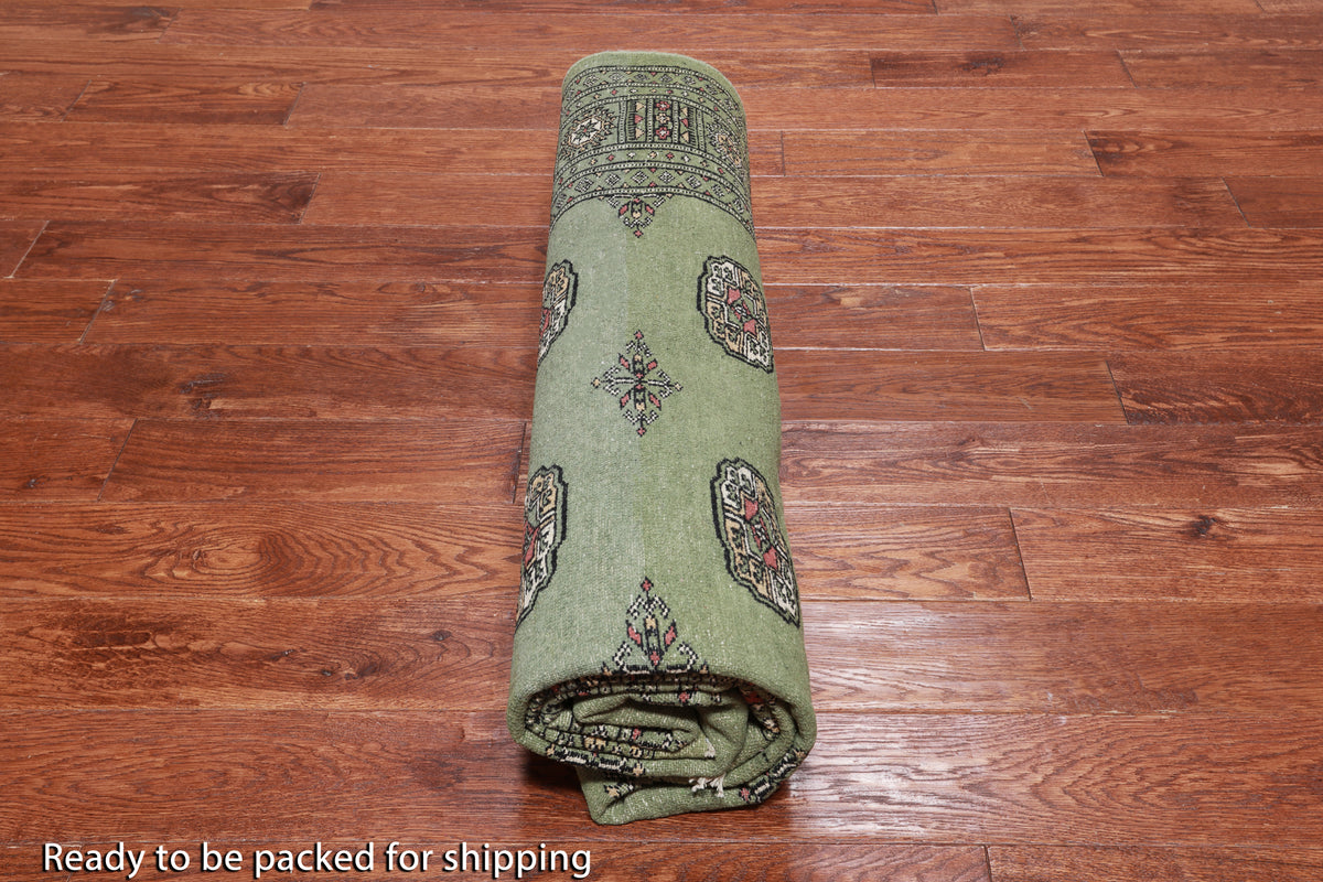 Green Square Bokhara Handmade Wool Rug - 6' 6" X 6' 11"