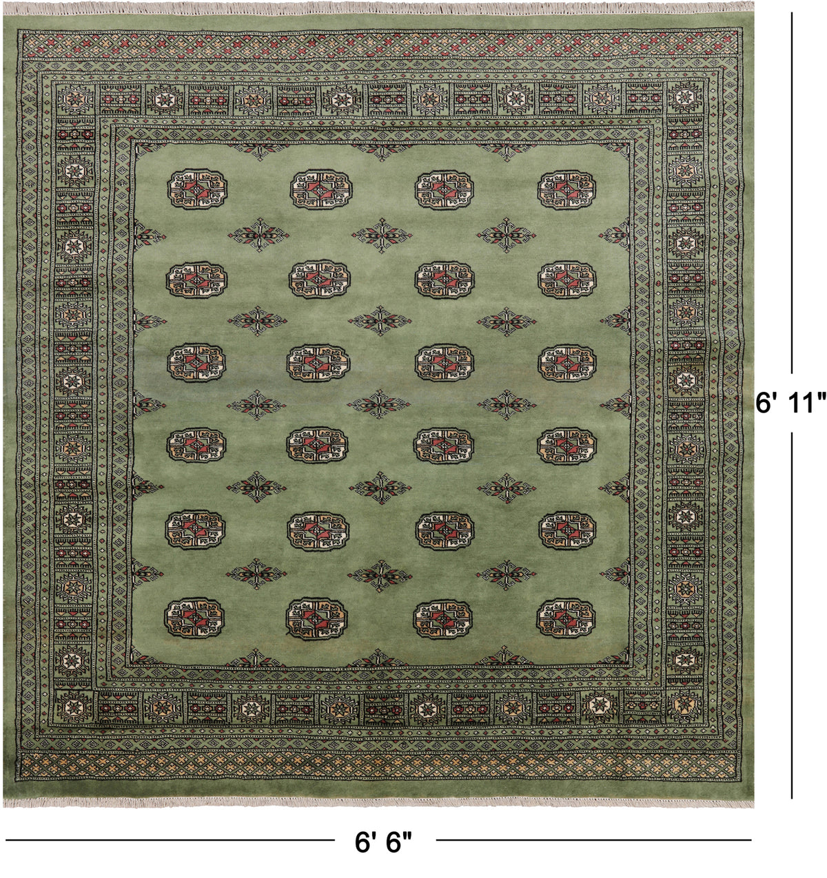 Green Square Bokhara Handmade Wool Rug - 6' 6" X 6' 11"