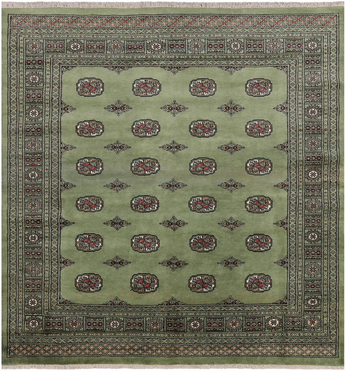 Green Square Bokhara Handmade Wool Rug - 6' 6" X 6' 11"