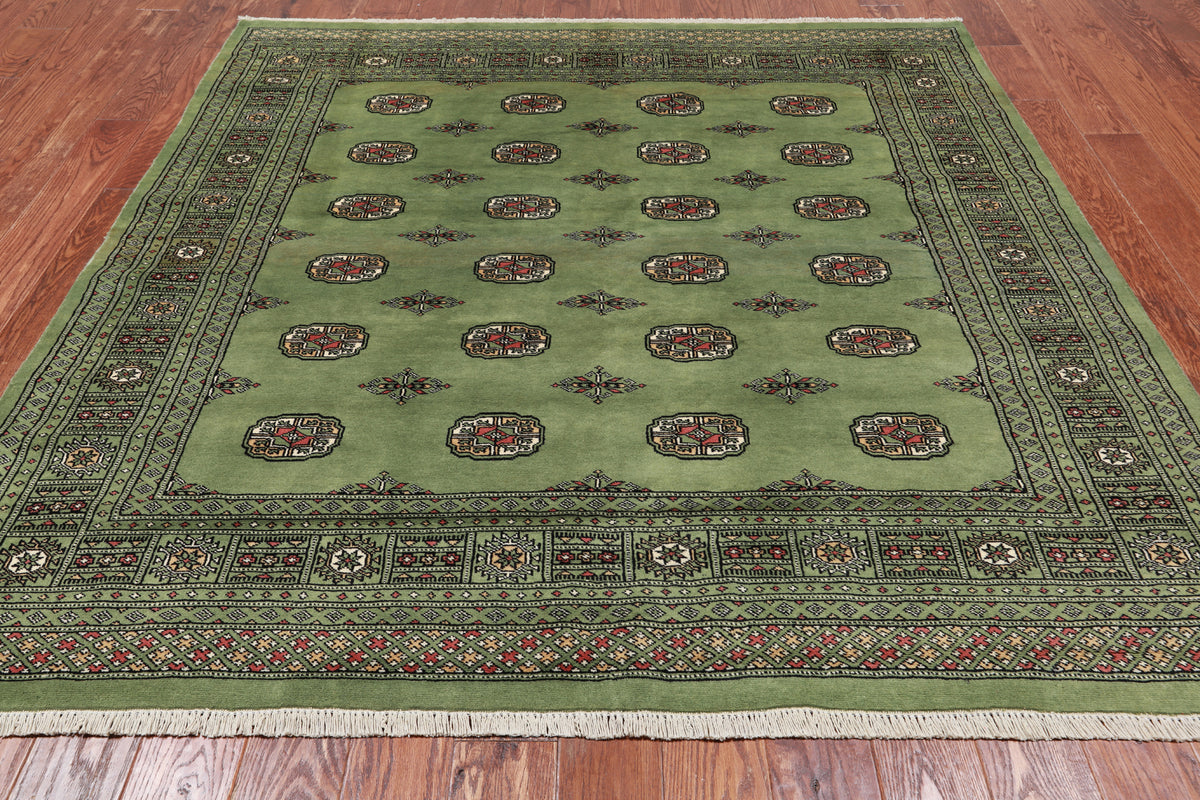 Green Square Bokhara Handmade Wool Rug - 6' 6" X 6' 11"