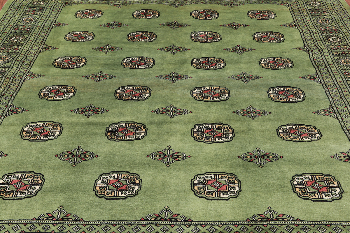 Green Square Bokhara Handmade Wool Rug - 6' 6" X 6' 11"