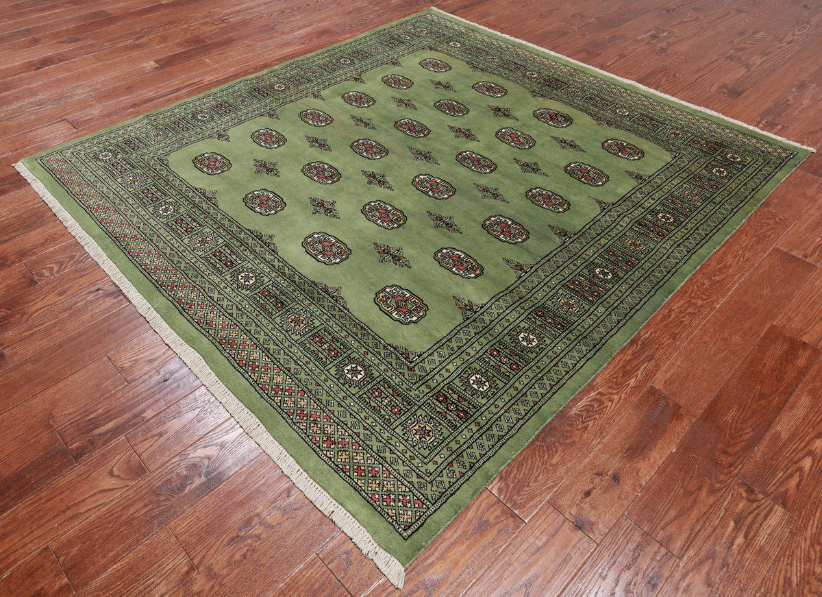 Green Square Bokhara Handmade Wool Rug - 6' 6" X 6' 11"