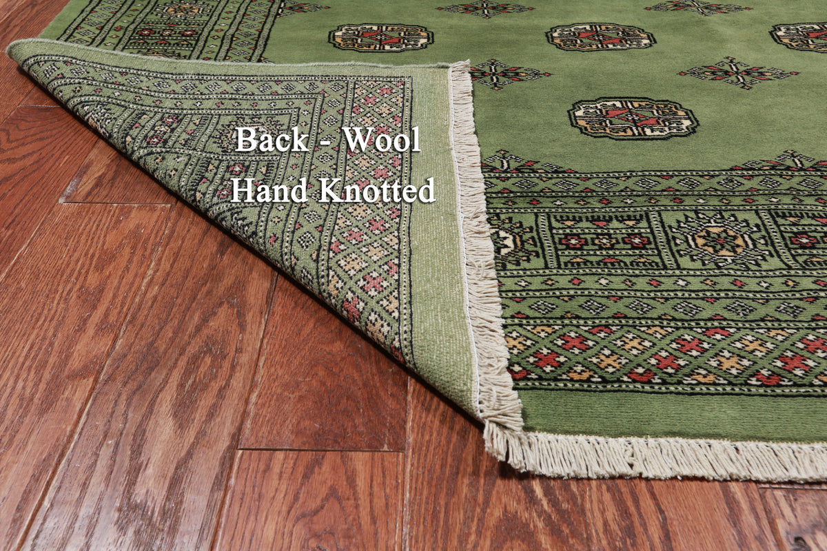 Green Square Bokhara Handmade Wool Rug - 6' 6" X 6' 11"