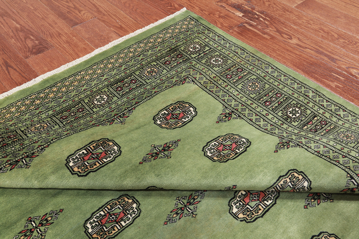 Green Square Bokhara Handmade Wool Rug - 6' 6" X 6' 11"