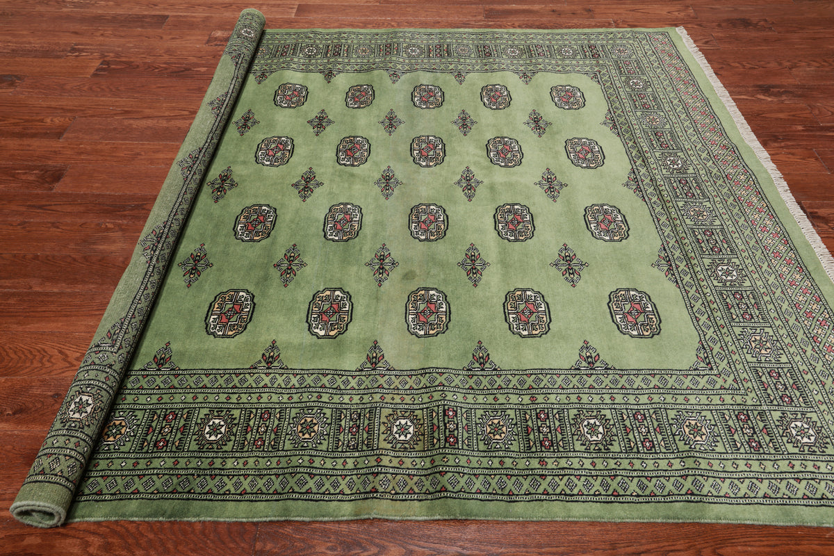 Green Square Bokhara Handmade Wool Rug - 6' 6" X 6' 11"