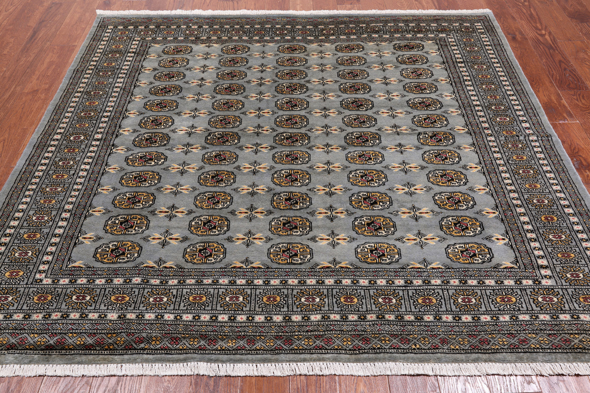 Grey Square Bokhara Hand Knotted Wool Rug - 6' 8" X 6' 0"