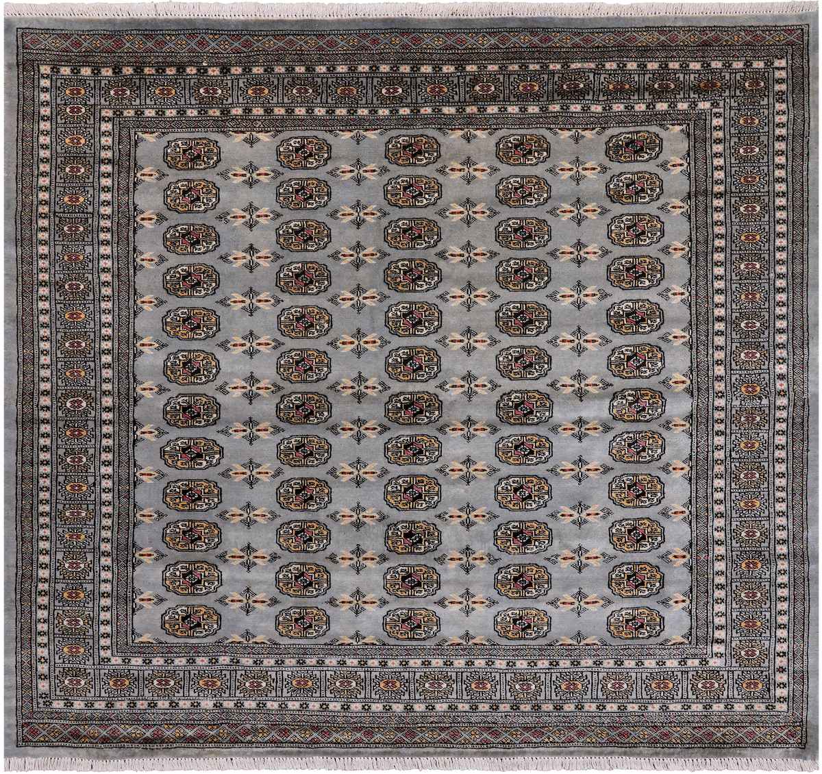 Grey Square Bokhara Hand Knotted Wool Rug - 6' 8" X 6' 0"