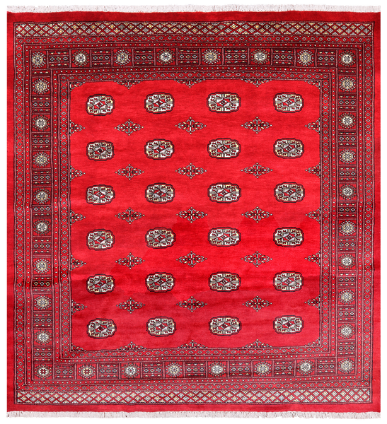 Red Square Bokhara Hand Knotted Wool Rug - 6' 7" X 7' 0"