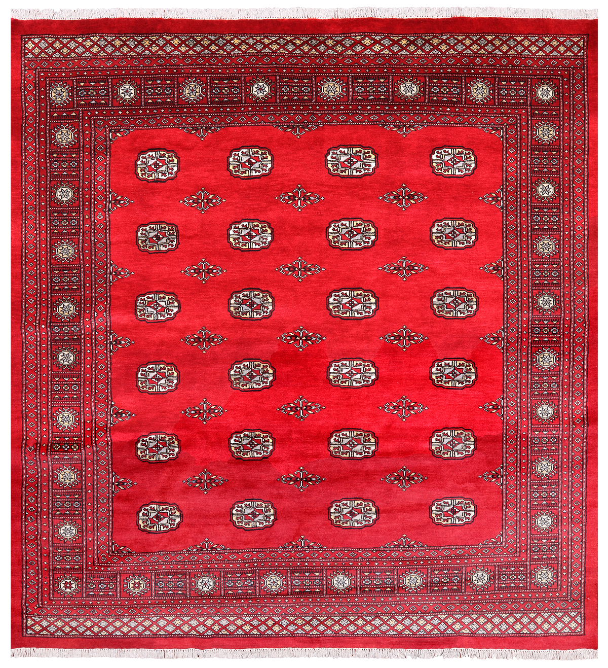 Red Square Bokhara Hand Knotted Wool Rug - 6' 7" X 7' 0"