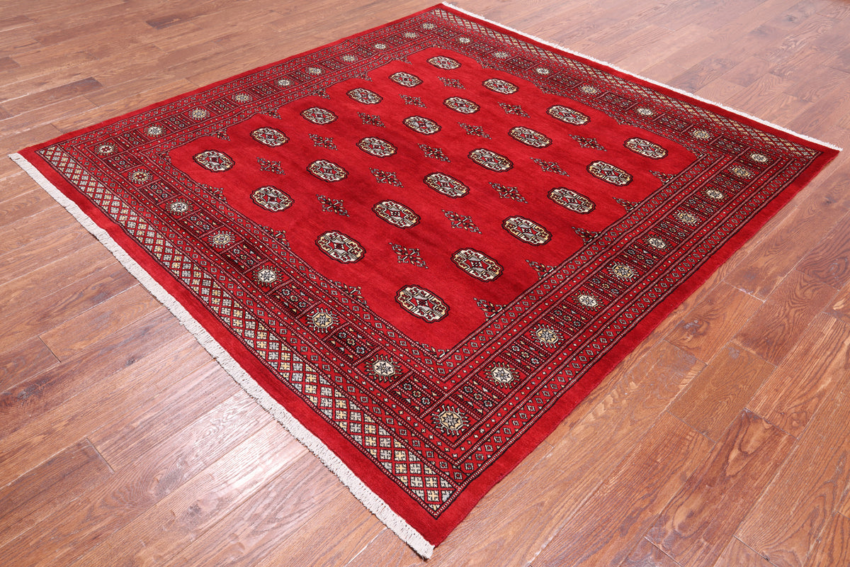 Red Square Bokhara Hand Knotted Wool Rug - 6' 7" X 7' 0"