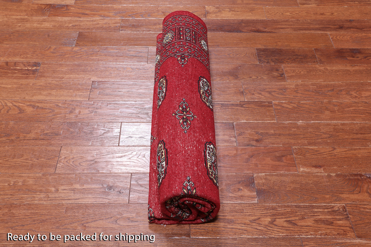 Red Square Bokhara Hand Knotted Wool Rug - 6' 7" X 7' 0"
