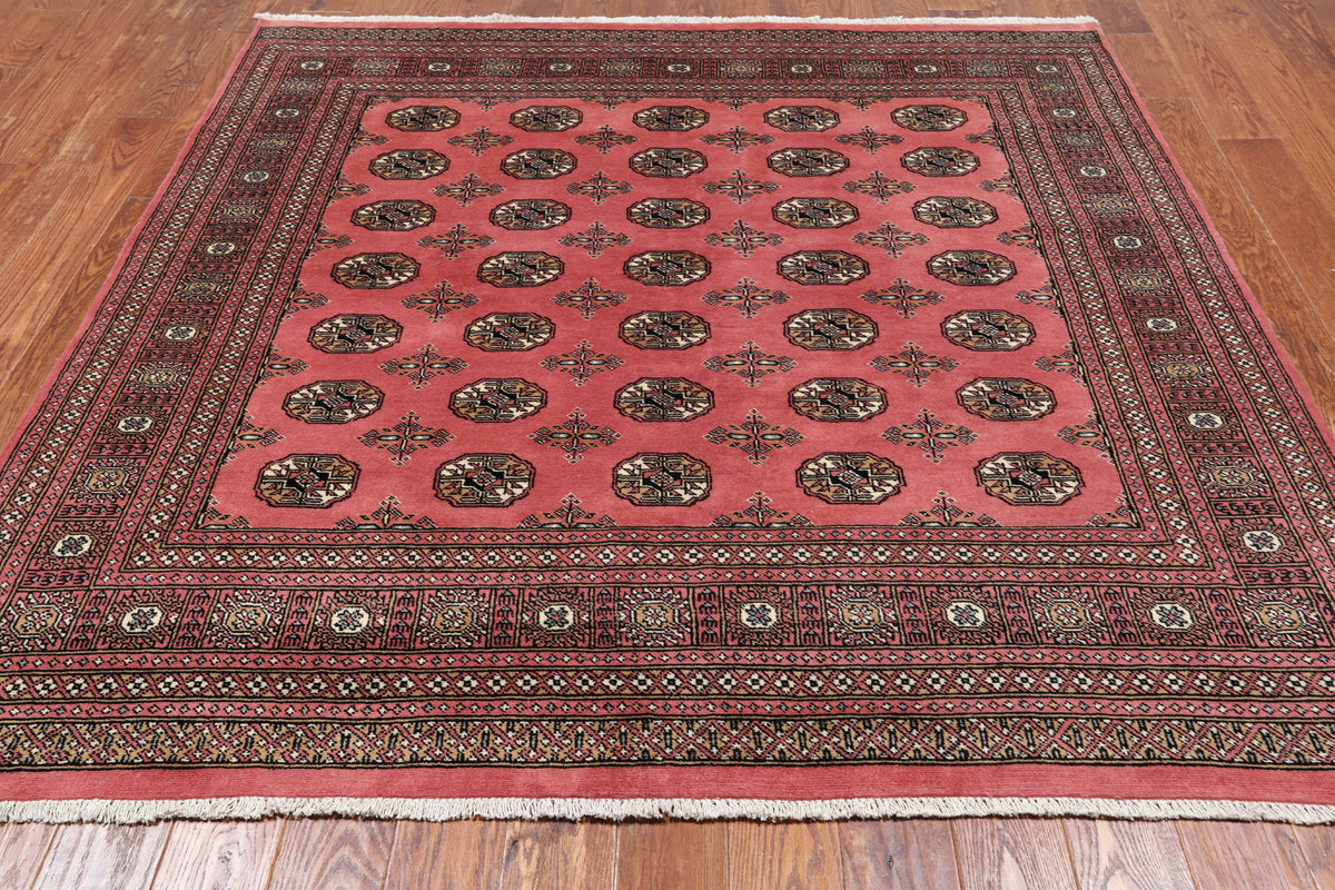 Pink Square Bokhara Hand Knotted Wool Rug - 6' 8" X 6' 8"