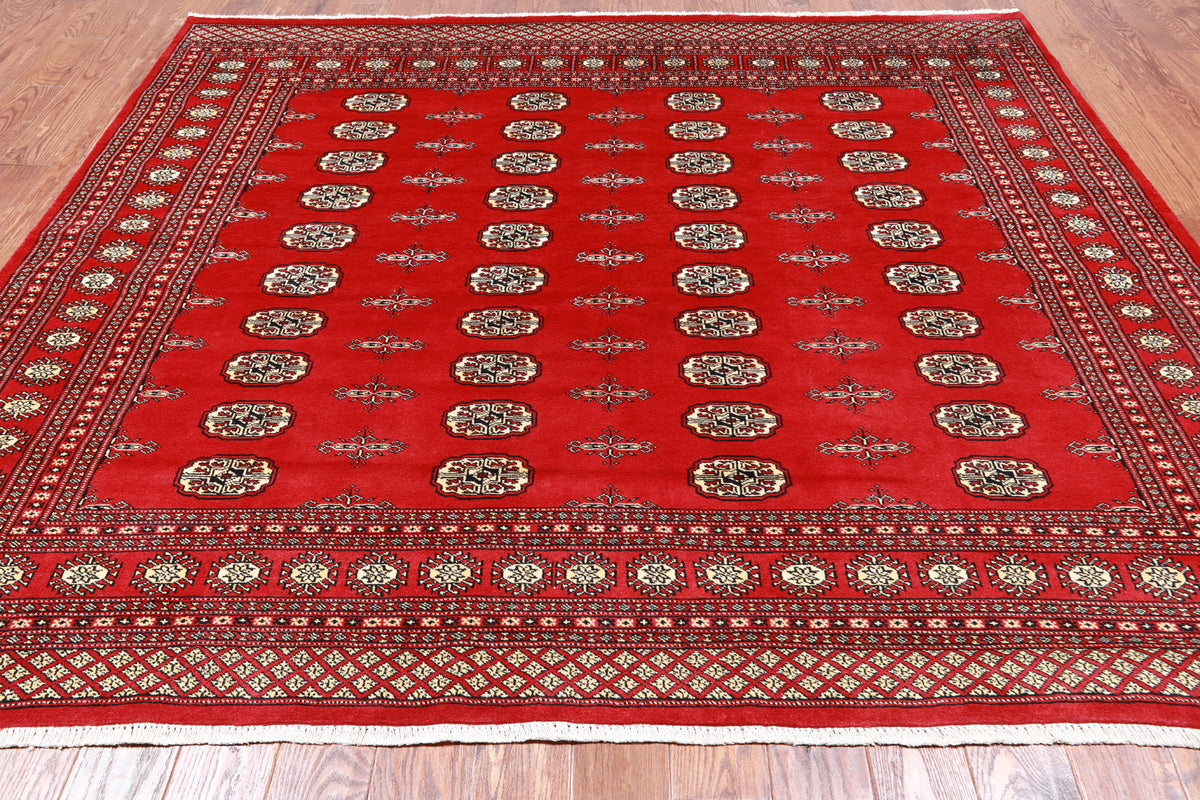 Red Square Bokhara Handmade Wool Rug - 8' 0" X 8' 0"