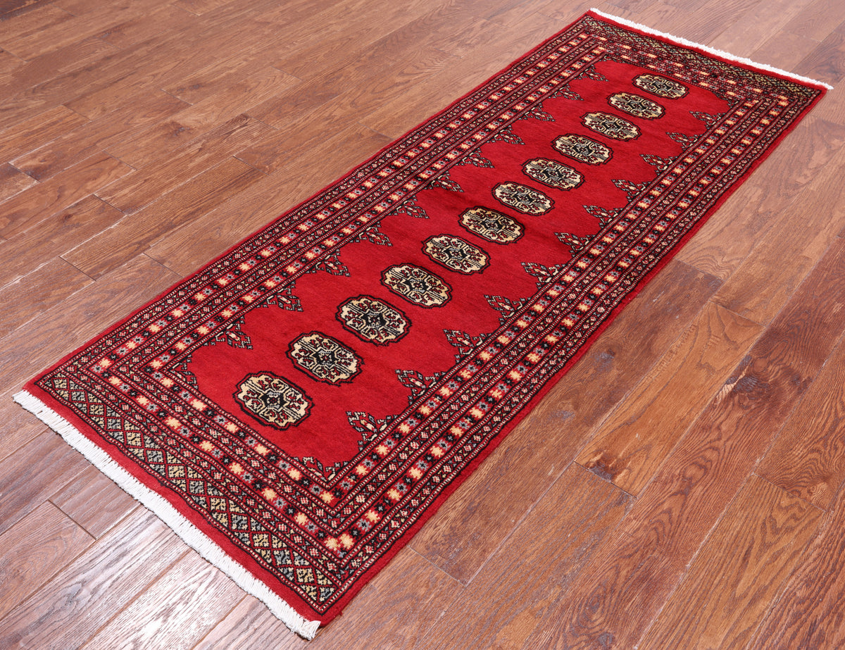 Red Bokhara Hand-Knotted Wool Runner Rug - 2' 6" X 6' 8"
