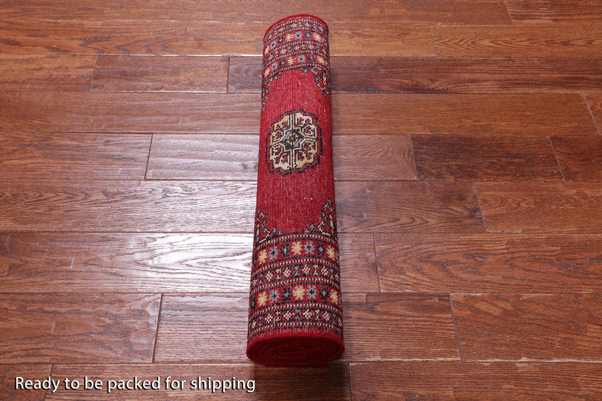 Red Bokhara Hand-Knotted Wool Runner Rug - 2' 6" X 6' 8"
