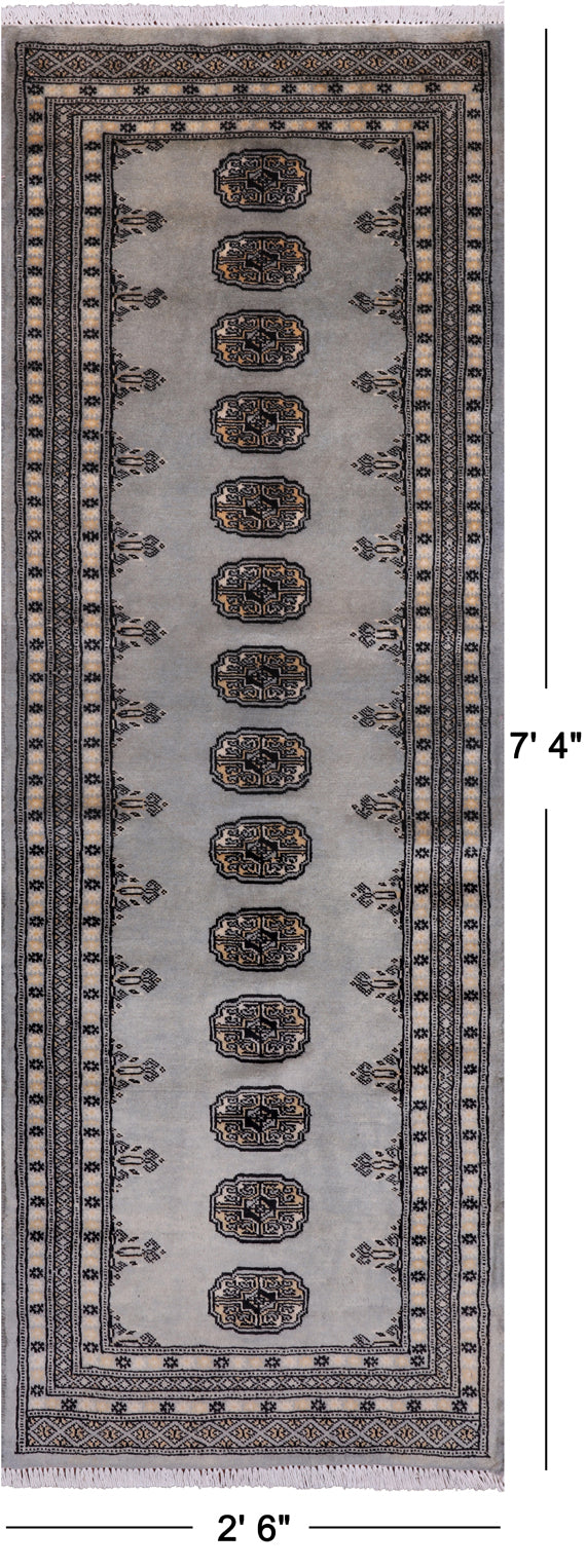Grey Bokhara Hand Knotted Wool Runner Rug - 2' 6" X 7' 4"