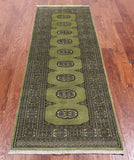 Green Bokhara Hand Knotted Wool Runner Rug - 2' 6" X 7' 5"