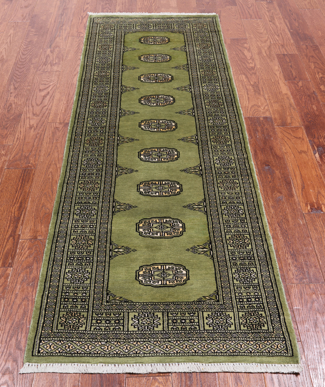 Green Bokhara Hand Knotted Wool Runner Rug - 2' 6" X 7' 5"
