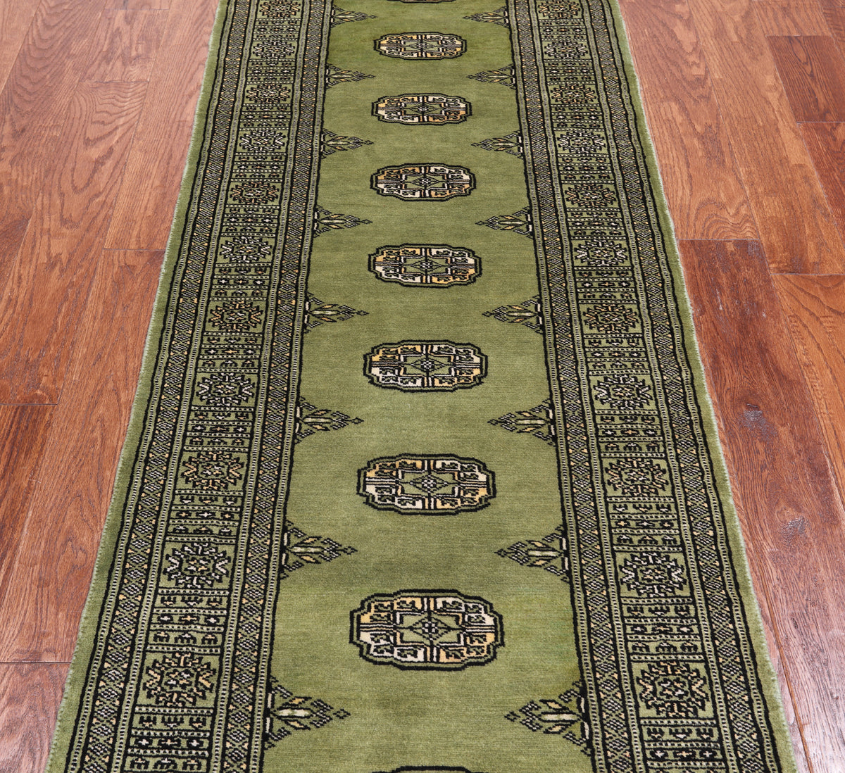Green Bokhara Hand Knotted Wool Runner Rug - 2' 6" X 7' 5"